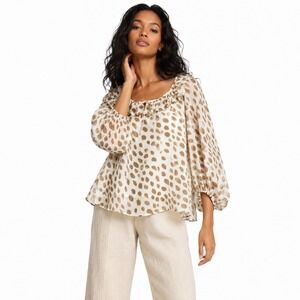 AYR XS Ruffle Neck Polka Dot Sheer Blouse Silk Cotton Romantic Neutral Top